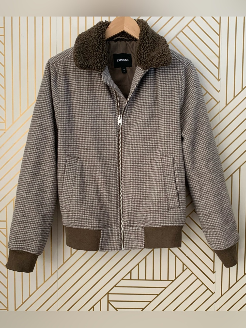 Express Houndstooth Wool Blend Sherpa Collar Bomber Jacket Zipper front men’s XS